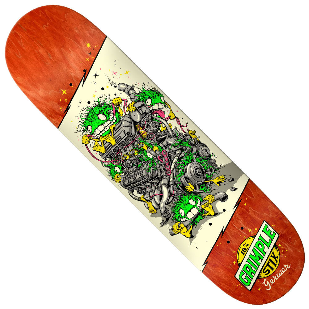 The Gerwer Grimple Revs 8.28x31.7 Anti Hero Skateboards Deck features an orange wood finish and a graphic of green monsters tangled in mechanical parts, with GRIMPLE STIX, Gerwer Grimple Revs, and Farrar logos displayed on the bottom right corner.