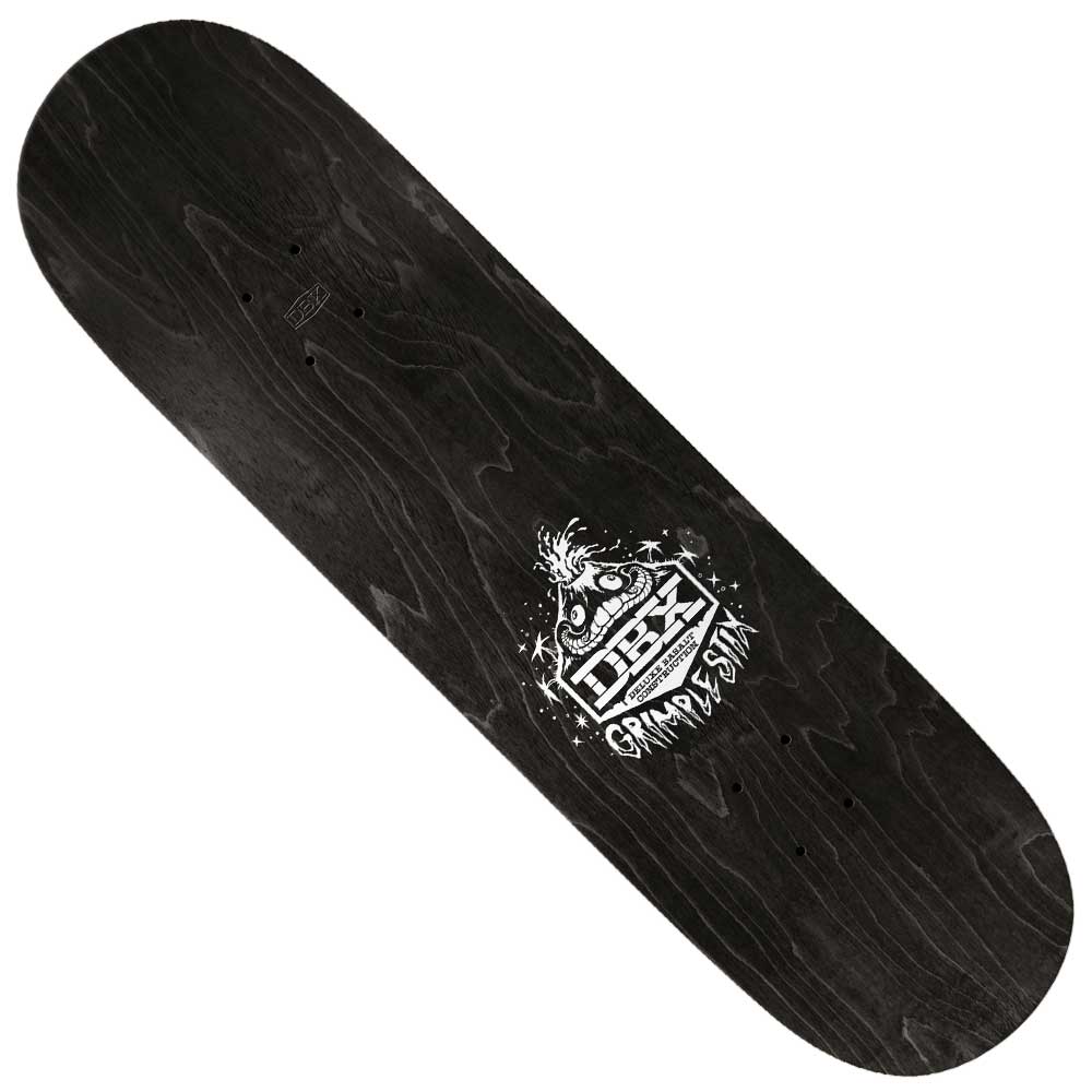The Gerwer Grimpnat DBX 8.25 Anti Hero Skateboards Deck features a black finish over visible wood grain, a white graphic design, and the words "DBZ GRIM PU SLUM," capturing the classic Grimpnat style.