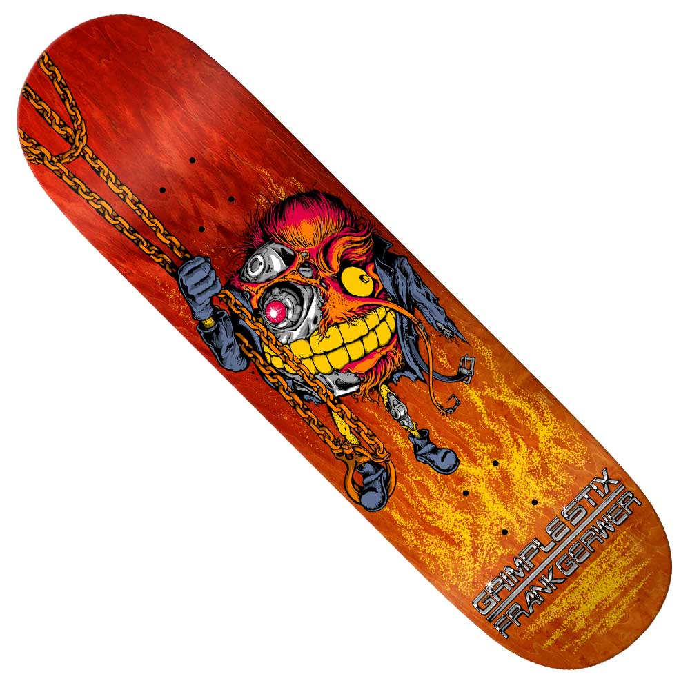 The Gerwer Grimpnat DBX 8.25 deck from Anti Hero Skateboards features a red design with a cartoon wild-eyed cyborg skull, gold chains, and "SIMPLE STYX FRANK GYMER" plus "Gerwer Grimpnat" text near the bottom.