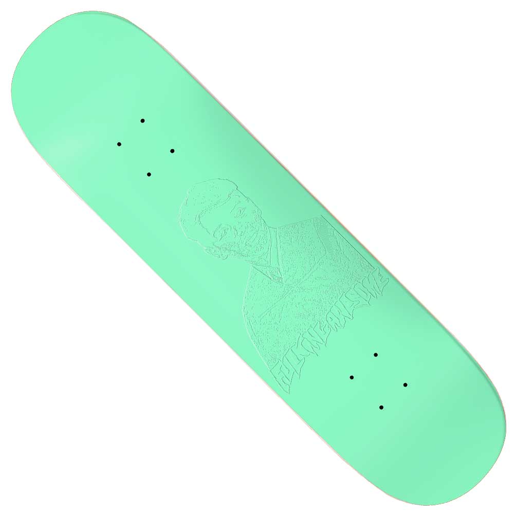 Gino Ianucci Embossed Photo 8 FA Skateboard Deck in teal, showcasing an engraved outline of a person wearing a jacket with stylized text beneath the portrait inspired by Gino Ianucci.