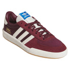 The Glenburn Burgundy White KJ5048 Adidas Skateboarding Shoes feature a maroon and white color scheme with three signature white stripes, gold logo accents, a blue tongue label, and a light brown sole—making them both stylish and durable for skateboarding.