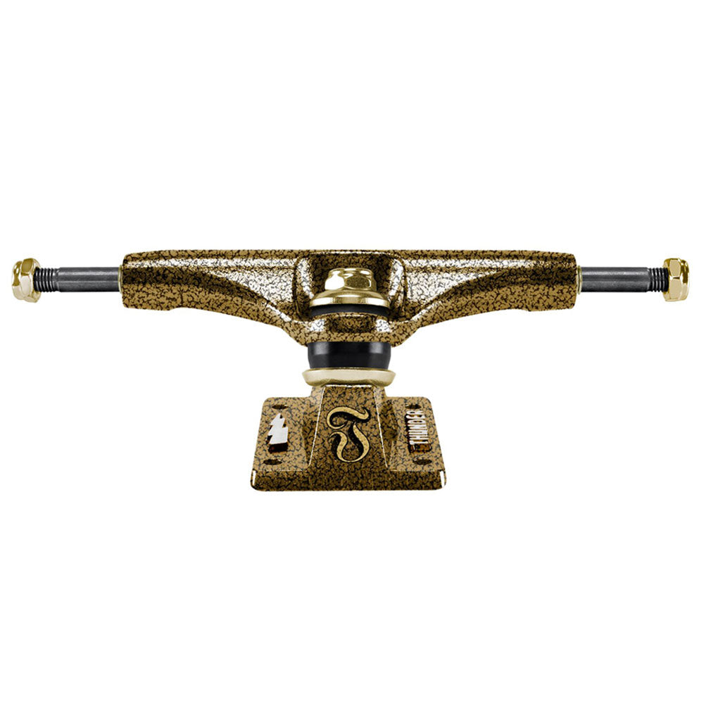 Goldline Hollow Lights Thunder 147 Trucks in gold-and-black speckled finish with a central kingpin and a baseplate featuring a logo and text.