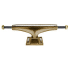 A set of Goldline Hollow Lights Thunder 147 Trucks featuring textured gold hangers, black axles, and matching gold axle nuts.