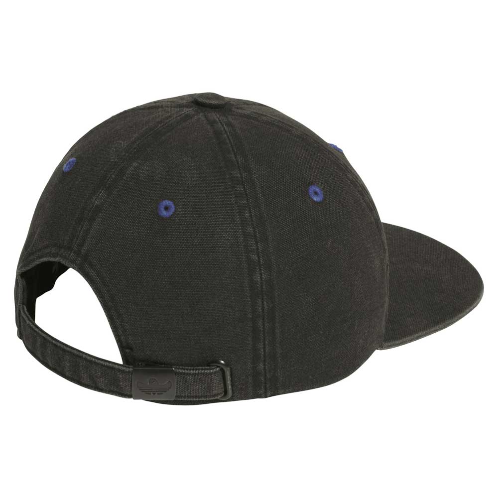 The Gonz Cap Black Blue KS6799 Adidas Hat features a curved brim, blue crown eyelets, and an adjustable fabric strap with a black buckle—ideal for fans of the classic Gonz Cap style.