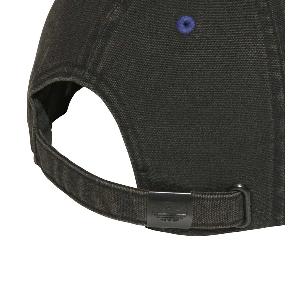 Close-up of the back of the Gonz Cap Black Blue KS6799 Adidas Hat, showing its adjustable strap with a metal buckle and Adidas logo on the clasp.