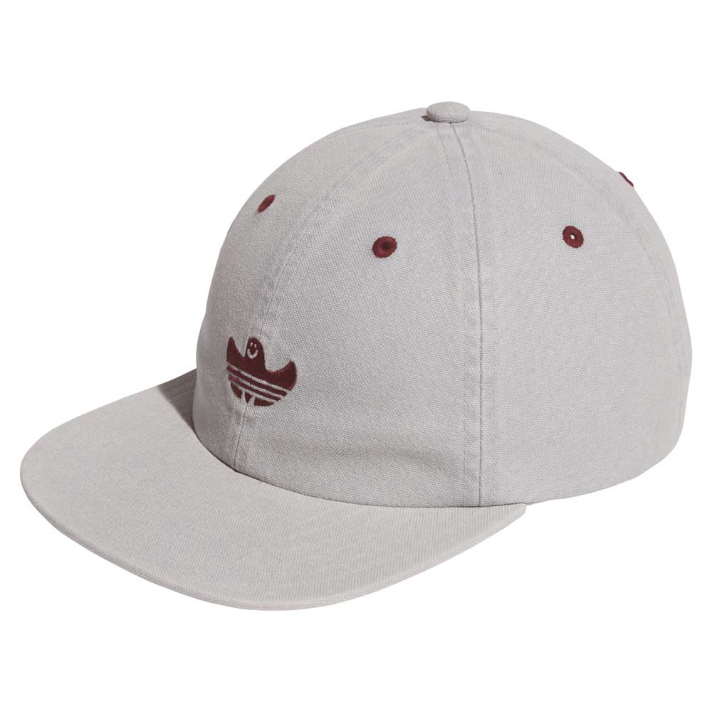 The Gonz Cap Gray Burgundy KS6800 by Adidas is an adjustable hat in light grey, featuring maroon embroidered eyelets and a bold stylized bird logo with outstretched wings for a sporty, comfortable style.