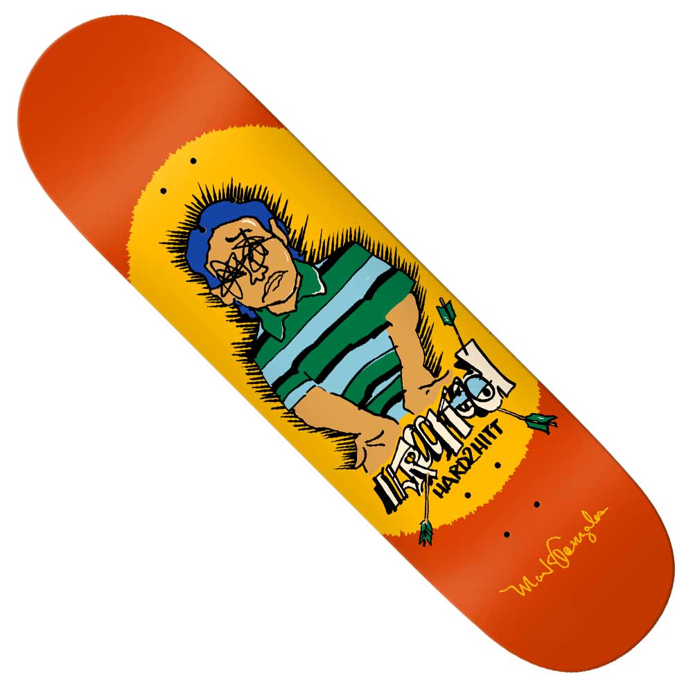 The Gonz Hard2hitt 8.5 Krooked Skateboards Deck is orange and features a cartoon person in a green striped shirt with X’s for eyes, arrows sticking out, and "LIMITED HARD2HITT," "Nate Bargatze," and classic Gonz style below.
