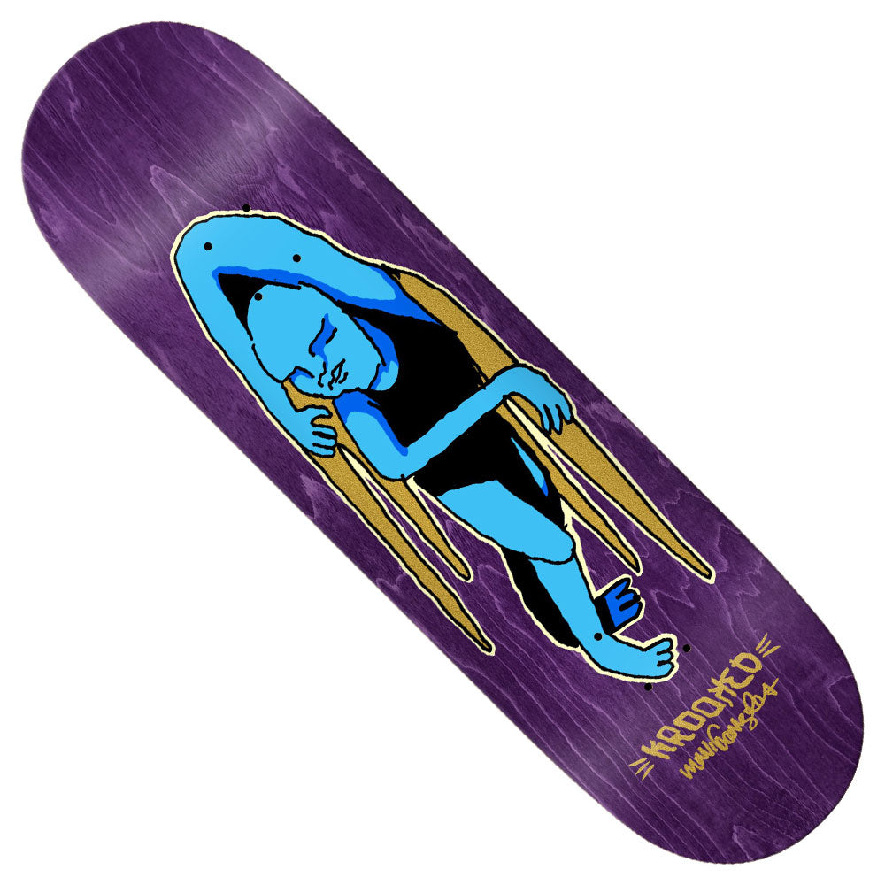The Gonz Lay Lying 9x32.45 Krooked Skateboards Deck features a purple background with a blue abstract human figure emerging from a yellow shape in the signature Gonz Lay Lying style, and displays “Krooked” along with the website in yellow at the bottom.