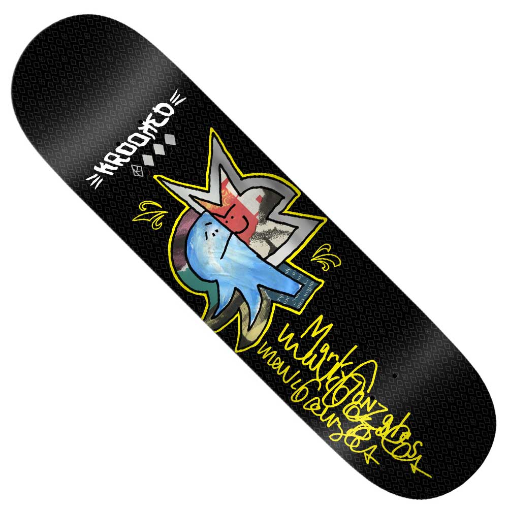 The Gonz Sig 8.5 Krooked Skateboards Deck showcases a black base with a striking cartoon graphic: a blue character pointing, accented by a red nose and bold yellow scribble-style text and designs. The top features the word “KROOKED” in white, highlighting Krooked Skateboards’ signature style. With an 8.5-inch width and high-quality construction, this deck delivers standout visuals for any skate setup.