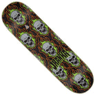 The Gonzalez Bonehead Pro 8.375in x 32in Creature Decks is crafted from durable 7 ply North American Maple and features a repeating pattern of gray skulls with green and orange flames on a black background, with the word HAWK printed in green letters.