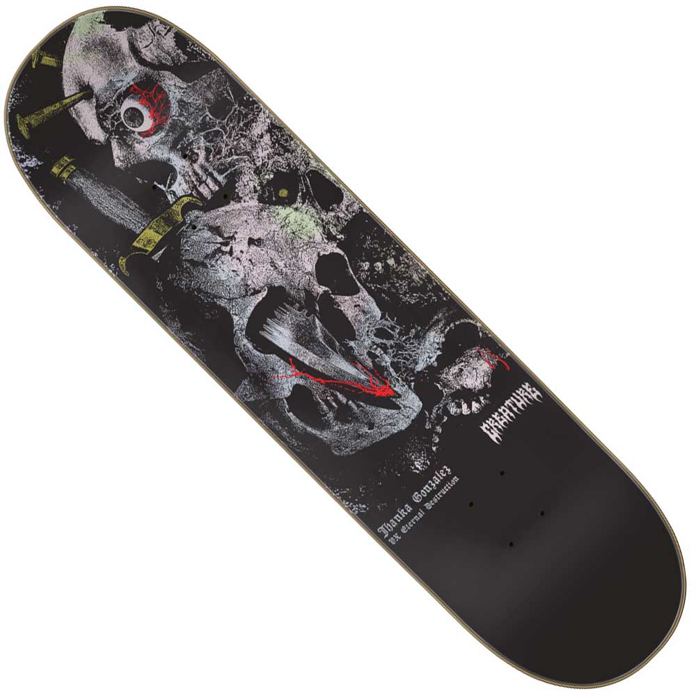 The Gonzalez Mortem VX Deck 8.375in x 32in Creature Skateboard Deck features a dark abstract design with overlapping skulls, white and red splashes, yellow accents, and is inspired by Creature's VX Eternal Destruction construction.