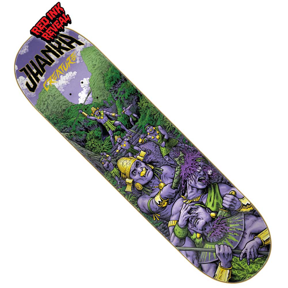 The Gonzalez Warriors VX Deck 8.375in x 32in by Creature features comic-style art of Gonzalez Warriors in purple and gold armor battling in a green jungle, “JUANXX” and “CREATURE” at the top, plus a red “REAL INK RENEWAL” sticker on the nose.