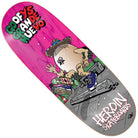 The Goofys Grande Egg 10.7x32.4 Heroin Skateboards Deck Shaped showcases a pink and gray background with a cartoon egg character in a sombrero, sitting on a bench and holding mini skateboards. Featuring the text “Goofys Grande Egg” and “Heroin Skateboards,” this vibrant deck adds extra style to your setup.