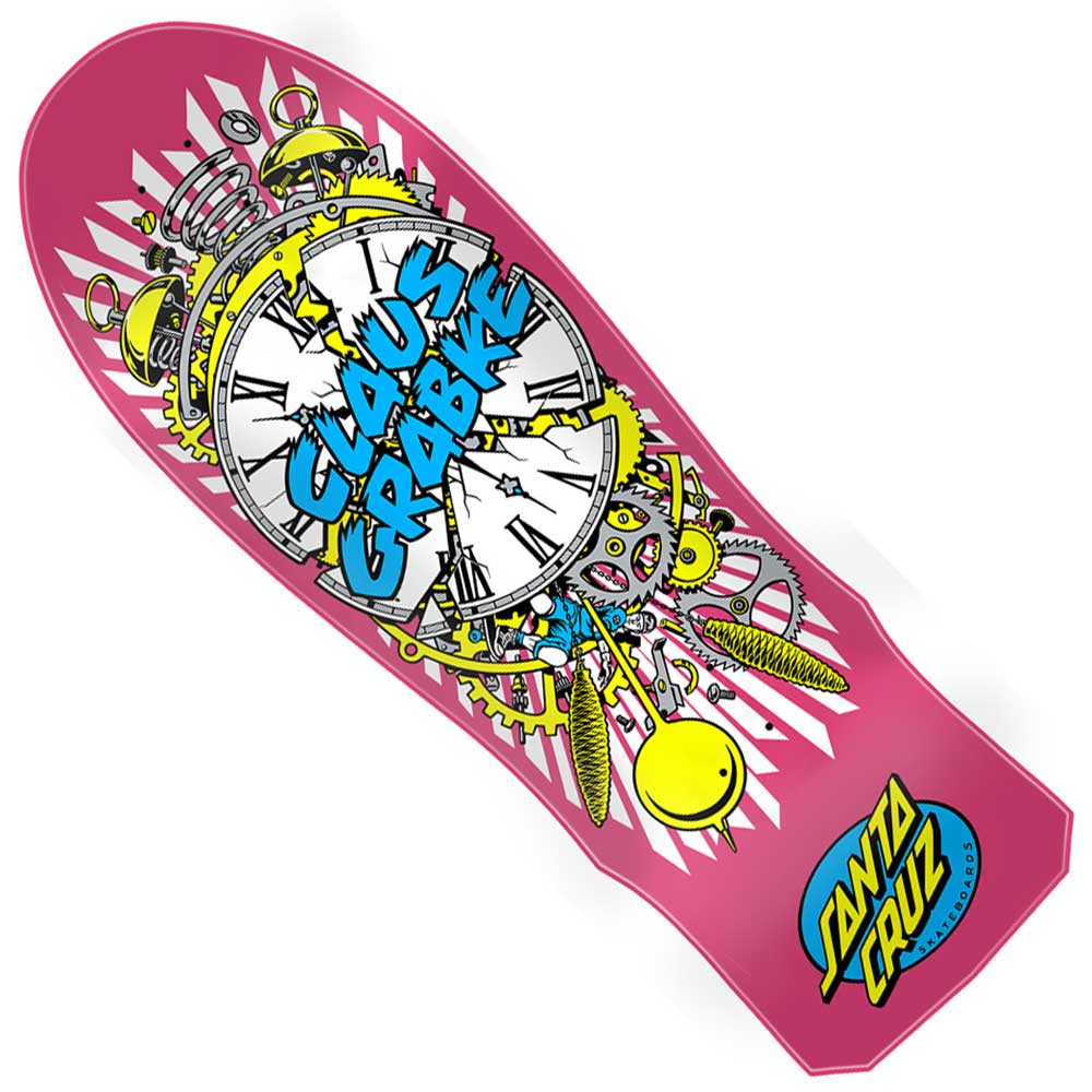 The Grabke Exploding Clock Reissue 10.04in x 29.83in Santa Cruz Decks showcases a vibrant pink 80′s skateboard deck, adorned with a striking large clock graphic accented by gears and mechanical parts, bold blue “Claus Grabke” text, and a distinctive yellow Santa Cruz Skateboards logo in the corner—perfectly capturing the bold style of its era.
