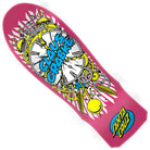 The Grabke Exploding Clock Reissue 10.04in x 29.83in Santa Cruz Decks showcases a vibrant pink 80′s skateboard deck, adorned with a striking large clock graphic accented by gears and mechanical parts, bold blue “Claus Grabke” text, and a distinctive yellow Santa Cruz Skateboards logo in the corner—perfectly capturing the bold style of its era.