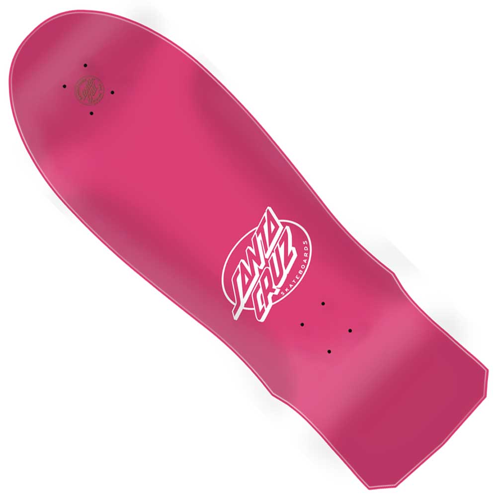 The Grabke Exploding Clock Reissue 10.04in x 29.83in Santa Cruz Deck features a pink, retro 80’s skateboard deck shape with a rounded nose and squared tail. The bottom displays the white Santa Cruz Skateboards logo near the center, and the deck comes with multiple truck mounting holes.