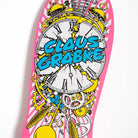 Featuring a vibrant pink background, the Grabke Exploding Clock Reissue 10.04in x 29.83in Santa Cruz Deck showcases a shattered clock with exposed gears and springs, bold blue CLAUS GRABKE text across the center—all celebrating this iconic 80’s skateboard deck design.