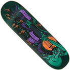 The Graham Stand Fast II Pro 9.125in x 32.95in Creature Skateboard Deck showcases vibrant graphics of a green skeleton in a purple robe playing banjo, with orange and green music notes and cards on a dark background.