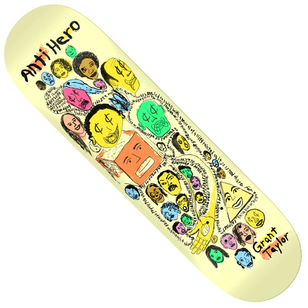 The Grant Expressions 8.5x31.85 Beige Anti Hero Skateboards Deck features colorful, abstract faces and heads drawn across the surface, with stylized "Anti Hero Skateboards" and Grant Taylor boldly written on the deck.