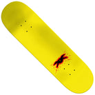 The Grant Taylor Caution 8.38x32.25 Deck from Anti Hero Skateboards features a bold yellow background with a striking red and black splatter graphic resembling stylized eyes near the center—perfect for fans of Grant Taylor and anyone looking for an eye-catching skateboard deck.