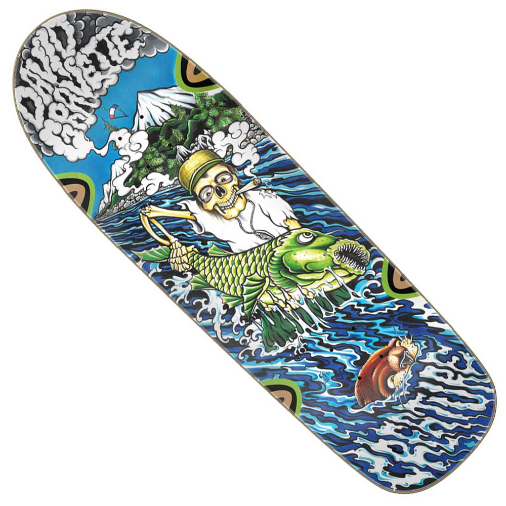 The Gravette Hippie Falls Pro 9.00in x 31.68in Creature Skateboard Deck features vibrant art of a bearded man in a yellow hat riding a green fish over blue waves with mountains, clouds, and "Paul Brunette" written in the sky.