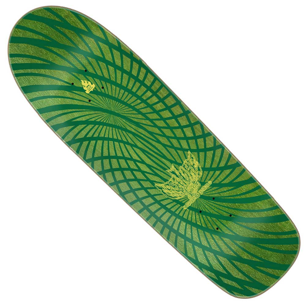 The Gravette Hippie Falls Pro Creature Skateboard Deck features swirling yellow and green geometric patterns and a yellow ship graphic. It measures 9.00in x 31.68in.