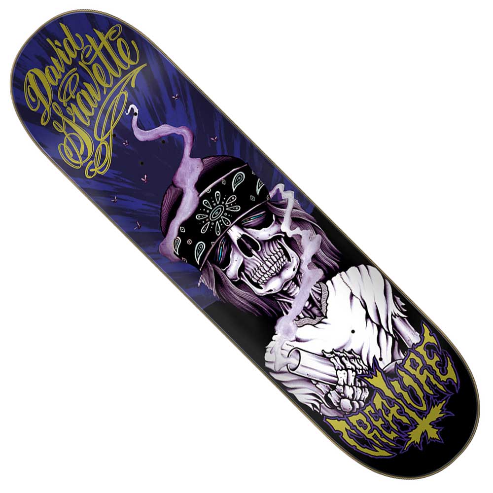 The Gravette Hippie Skull 20th Pro 8.3in x 32.2in Creature Skateboard Deck showcases a purple and black skeleton with long hair, bandana, and smoking details, plus bold CREATURE lettering at the bottom.