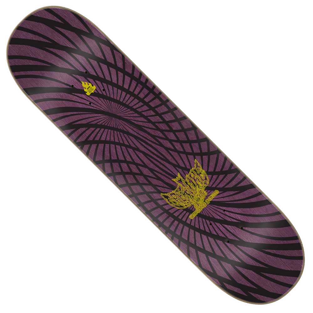 The Gravette Hippie Skull 20th Pro 8.3in x 32.2in Creature Skateboard Deck features bold purple and black spirals with standout yellow graphics, making it perfect for skaters who love eye-catching design.