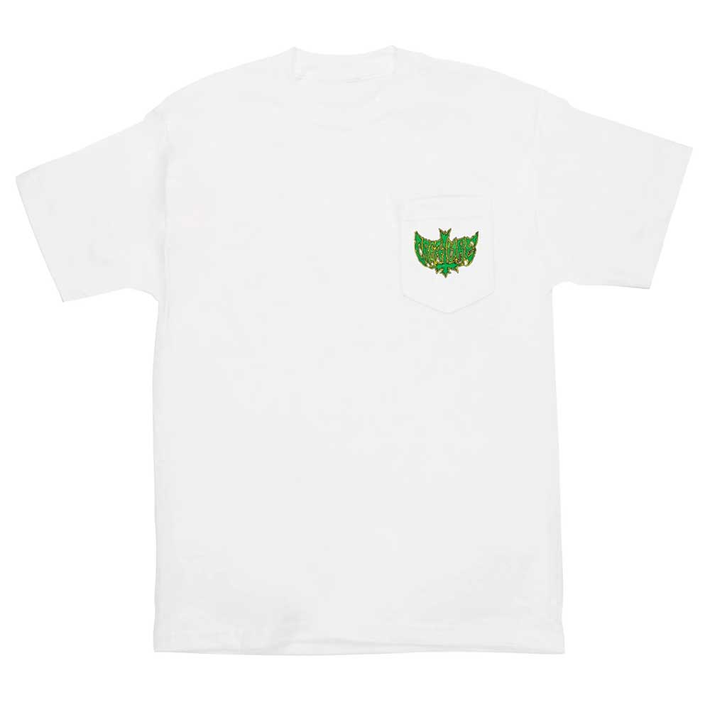 The Gravette Hippie Skull 20th S/S Pocket Heavyweight T-Shirt by Creature is a white men's regular fit skate tee featuring short sleeves and a small green moth graphic on the pocket area, inspired by Creature Skateboards.