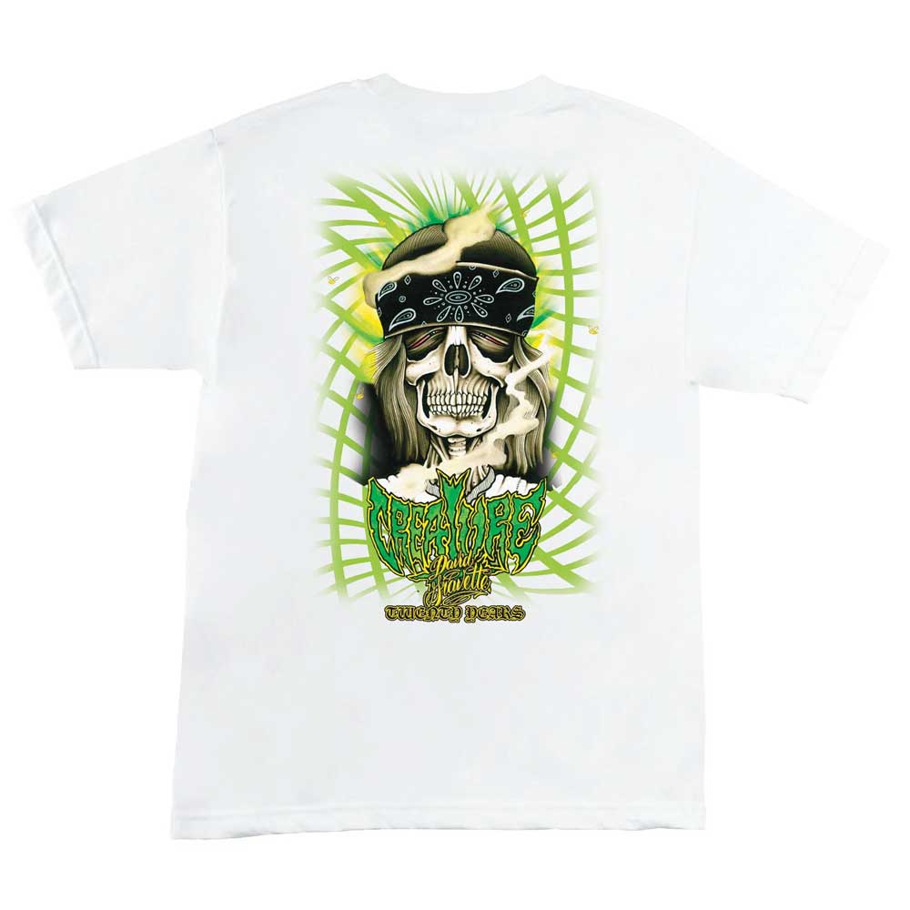 White Gravette Hippie Skull 20th S/S Pocket Heavyweight T-Shirt by Creature, featuring a grinning skull in a black bandana and sunglasses, palm leaves, and “Creature”/“Family” text—ideal for Creature Skateboards fans.