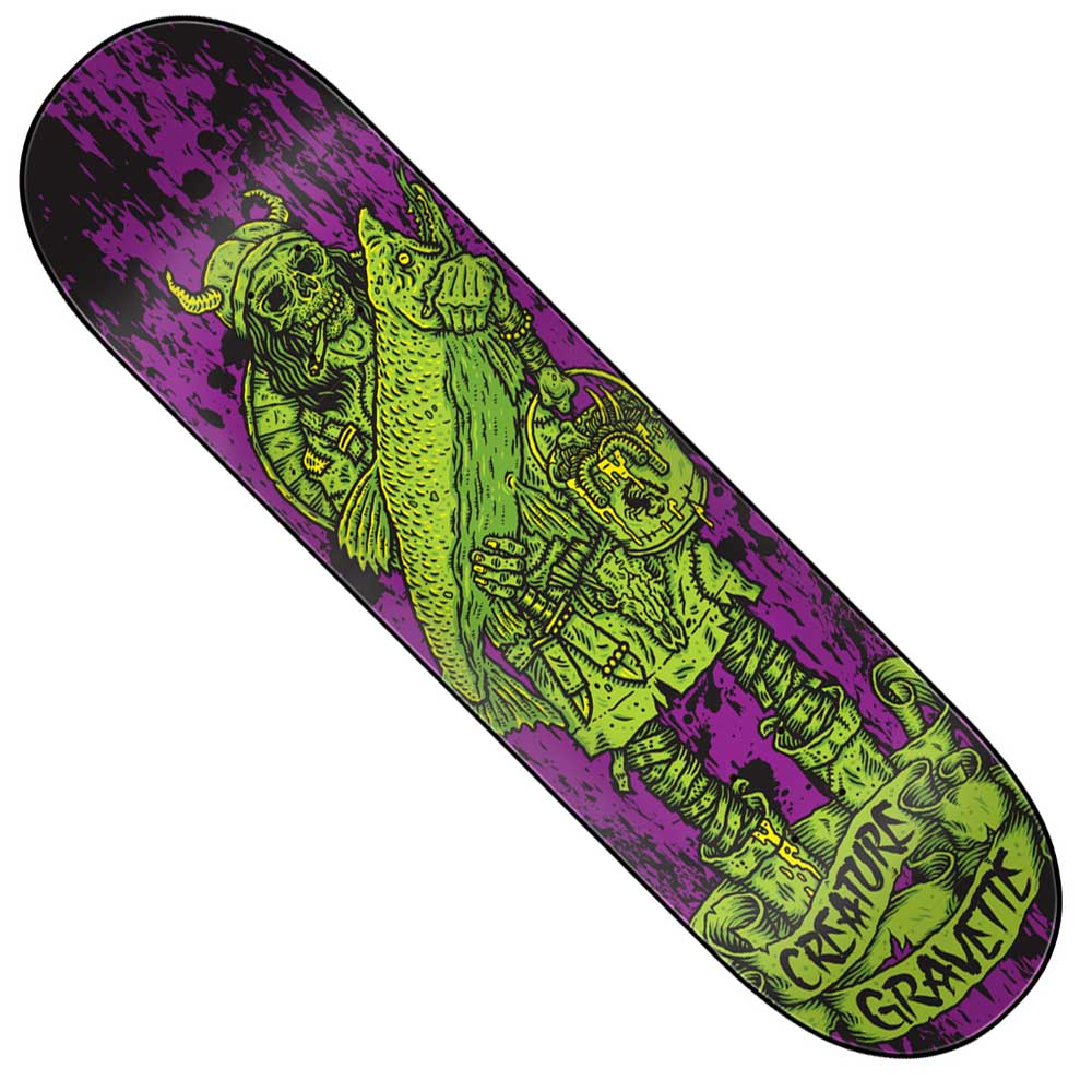 The Gravette Vikings of Hesh Law XX Pro 8.3in x 32.2in Creature Skateboard Deck features a North American Maple build with purple skeleton Viking art holding a fish, green-yellow tones, medium-depth concave, and stylized "Creature Gravity" text.