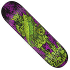The Gravette Vikings of Hesh Law XX Pro 8.3in x 32.2in Creature Skateboard Deck features a North American Maple build with purple skeleton Viking art holding a fish, green-yellow tones, medium-depth concave, and stylized "Creature Gravity" text.