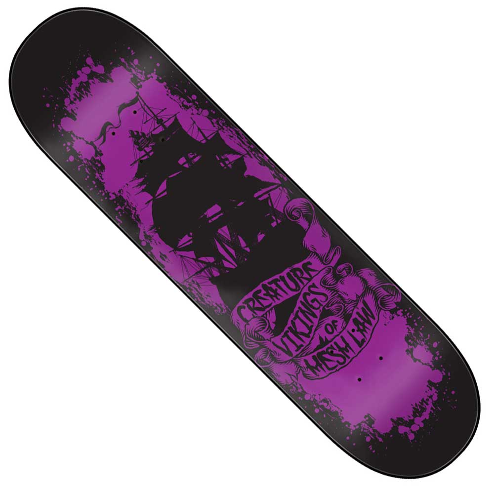 The Gravette Vikings of Hesh Law XX Pro 8.3" x 32.2" Creature Skateboard Deck features North American Maple, a black and purple design with ship silhouette, "CREATURES & VILLAINS OF MYSTERY HAWK" text, and medium concave for technical control.