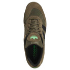 Top view of the Gray Black Mark Gonzales KJ0281 Aloha Super Suede Skateboarding Shoe by adidas featuring black stripes, a green Adidas logo on the tongue, and black laces. These skate-inspired trainers have a suede and textile upper, with the interior and insole also in green and accented with black Adidas branding.