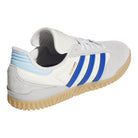 A gray Adidas Busenitz Indoor Super skateboarding shoe, featuring royal blue stripes, gold BUSENITZ text, a light blue heel detail, and a gum rubber sole—is shown from the back left side. Product: Gray Royal Blue KZ8895 Busenitz Indoor Adidas Skateboarding Suede Shoes Footwear.