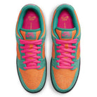 A pair of Green Noise Watermelon Light Curry Dunk Low Pro HQ1625301 Nike SB Skateboarding Shoes seen from above, with orange mesh and leather uppers, green suede overlays, bright pink laces, teal lining, and pink/yellow Nike SB branding.