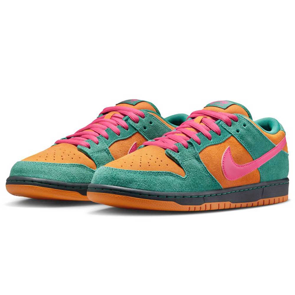 A pair of Nike Dunk Low Pro HQ1625301 "Green Noise Watermelon Light Curry" SB skateboarding shoes features a leather upper with green and orange suede panels, pink laces, and a pink Nike swoosh, set against a white background.
