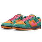 A pair of Nike Dunk Low Pro HQ1625301 "Green Noise Watermelon Light Curry" SB skateboarding shoes features a leather upper with green and orange suede panels, pink laces, and a pink Nike swoosh, set against a white background.