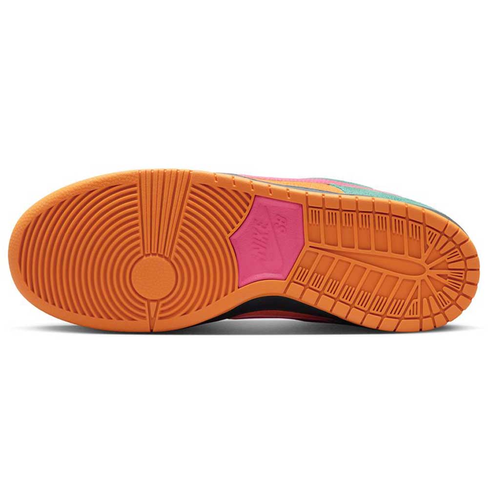 The image shows the sole of Nike SB Dunk Low Pro Green Noise Watermelon Light Curry sneakers, featuring an orange base, circular tread, a pink mid accent, and teal-blue upper details for vibrant skateboarding style.