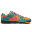 The Green Noise Watermelon Light Curry Dunk Low Pro HQ1625301 Nike SB Skateboarding Shoes feature teal green suede overlays, an orange leather base, pink swoosh and laces, and a black midsole with an orange outsole—ideal for classic sneaker fans.