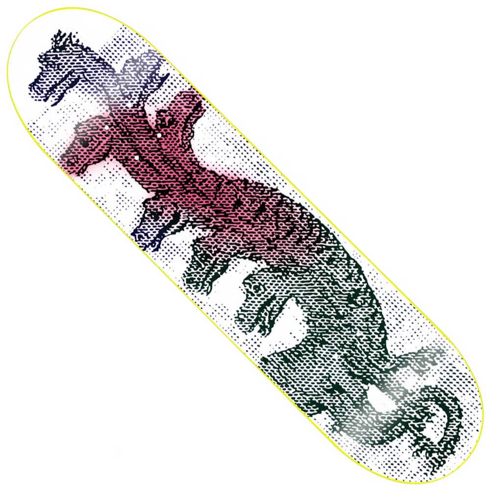 The Greene Serpents 8.25x32.125 GX1000 Deck Skateboard is crafted from 100% wood and showcases a bold, stylized pixelated lizard graphic in red and black on a white background with a yellow outline, embodying the distinctive spirit of the Greene Serpents.