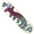 The Greene Serpents 8.25x32.125 GX1000 Deck Skateboard is crafted from 100% wood and showcases a bold, stylized pixelated lizard graphic in red and black on a white background with a yellow outline, embodying the distinctive spirit of the Greene Serpents.
