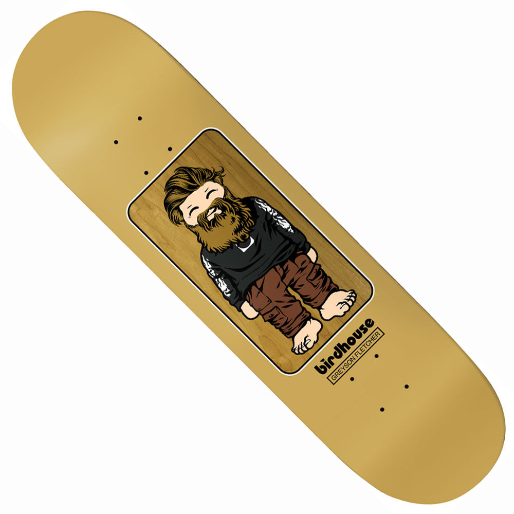 The Greyson Fletcher 8.25 Birdhouse Skateboards Deck features a tan design with an illustration of a bearded, long-haired man with tattoos, barefoot, dressed in brown pants and a shirt. Inspired by Greyson Fletcher’s unique style, this deck showcases the Birdhouse Skateboards logo beneath the artwork.