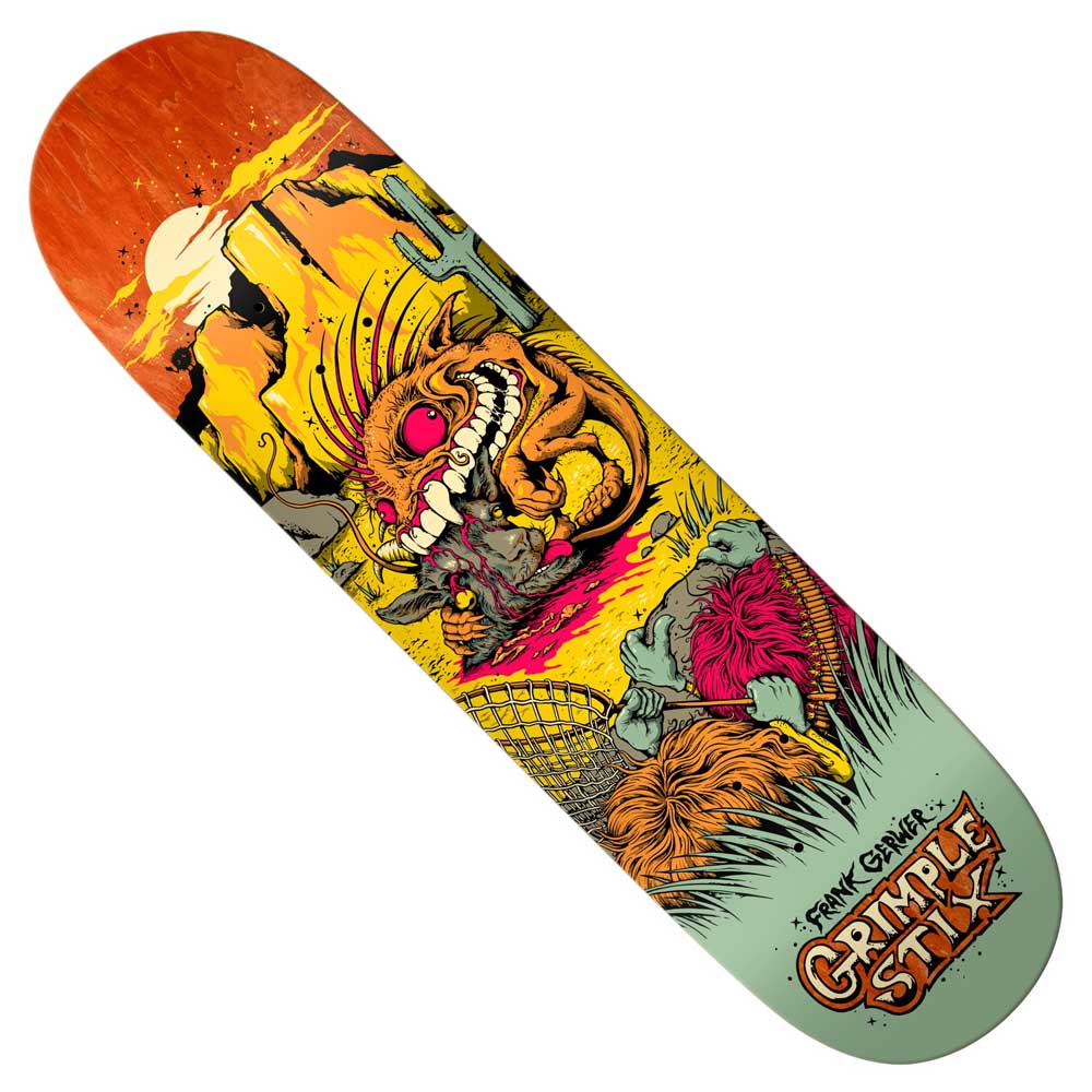 Vibrant and bold, the Grimptids Gerwer 8.25 Grimple Anti Hero Skateboards Deck showcases a fierce, toothy creature with striking pink eyes against a desert backdrop of cacti, mountains, and the sun. “Frank Gnarzer Grapple Stik” is emblazoned across the design, making this deck an eye-catching highlight of the Grimptids Gerwer collection from Anti Hero Skateboards.