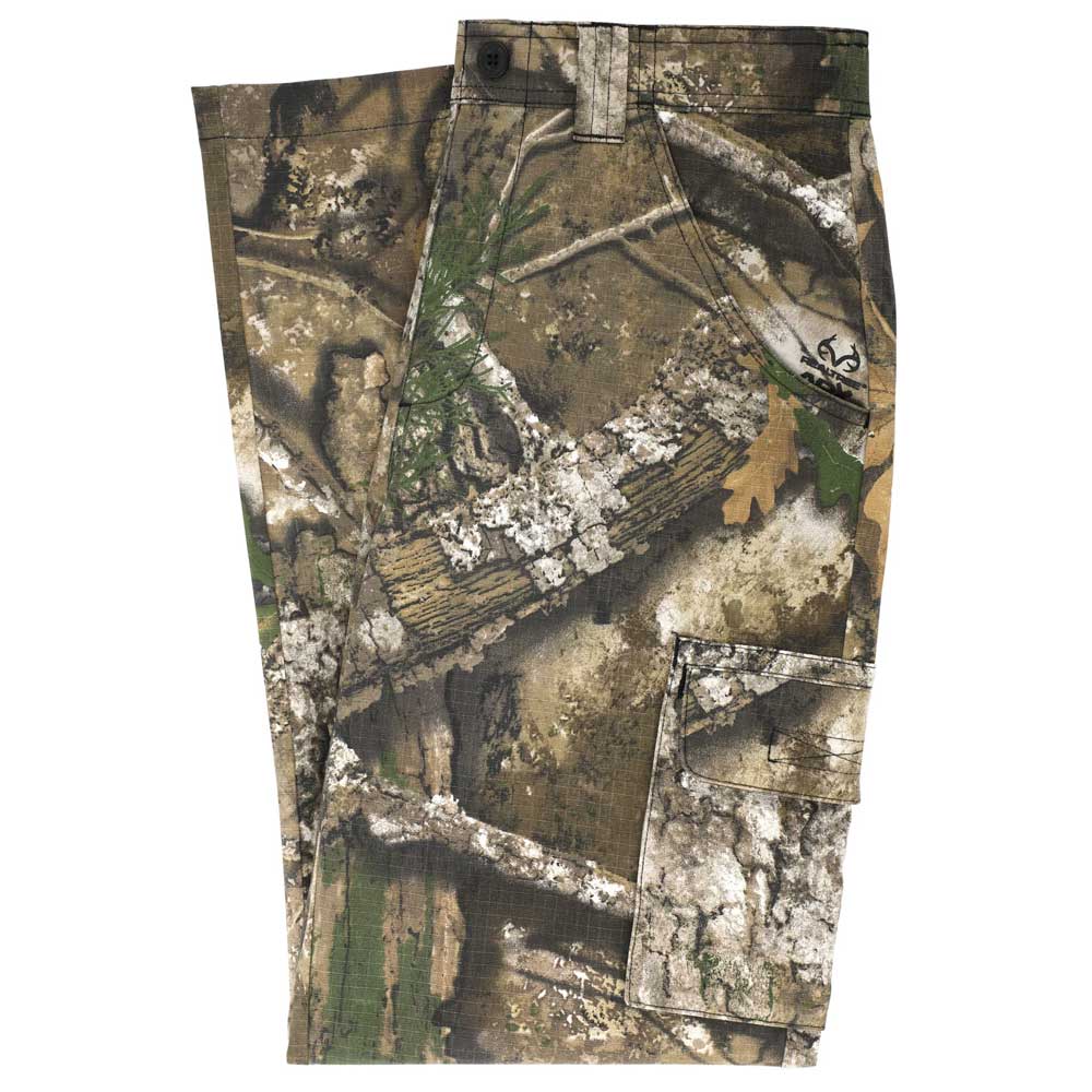 Groundwork 2 Cargo Pants Realtree APX Bottom Mens Independent, featuring a classic REALTREE camouflage pattern in green, brown, and tan with tree and leaf designs, shown folded and laid flat on a white background.