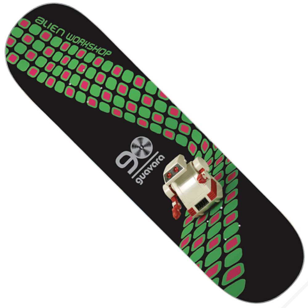The Guevara AI Nocturne 8.5 Alien Workshop Skateboard Deck Full Dip features a black 8.5″ deck with a bold green and red square pattern, a white robot graphic, and the text “ALIEN WORKSHOP” along with “90 GUAVARA” on its surface. This model stands out for both its unique Sect-inspired style and reliable skateboard specs.