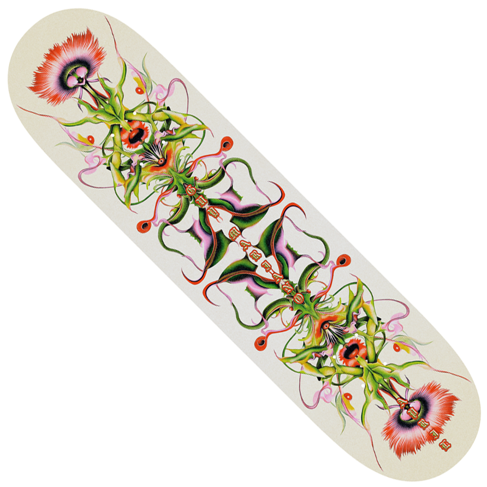 The Guy Mariano 8.25 Complex April Skateboards Deck is a premium maple popsicle skateboard featuring symmetrical, abstract floral art in vivid pink, green, red, and purple on white—ideal for street and park skating.