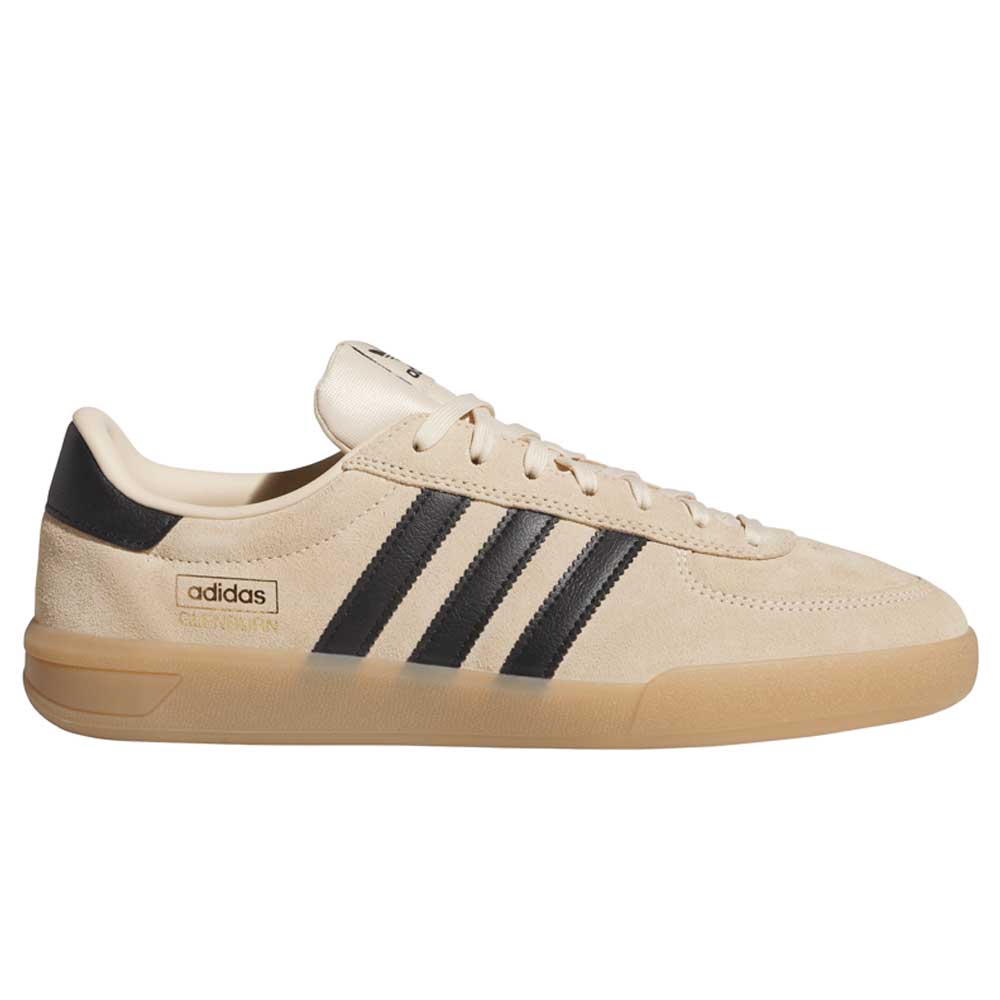 The HP3510 Tan Black Glenburn Adidas Skateboarding Suede Shoes feature a beige suede upper, black stripes, gum sole, and Adidas CLNYRTN branding—ideal for streetwear or as skateboard shoes.