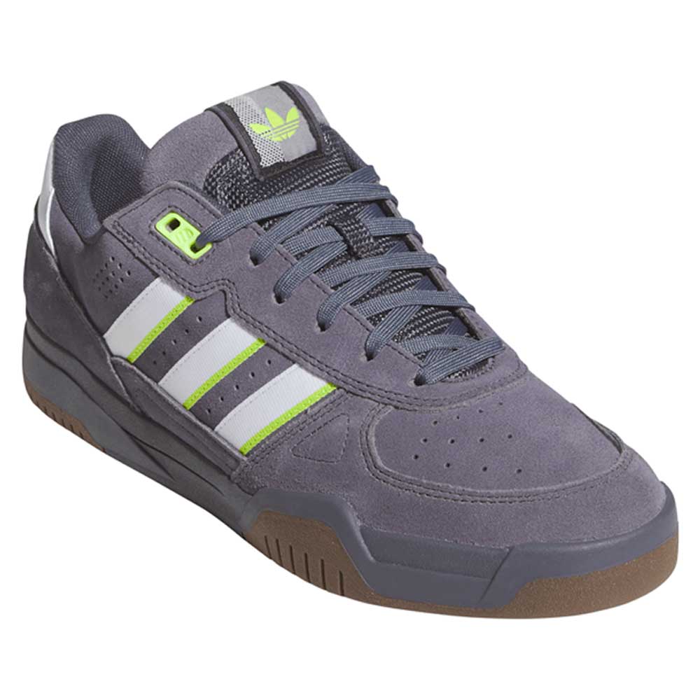 The HQ4813 Gray White Green Tekkira Adidas Skateboarding Suede Shoes feature white stripes, neon green accents, and a brown rubber sole—ideal for skateboarding—shown at an angle on a white background.