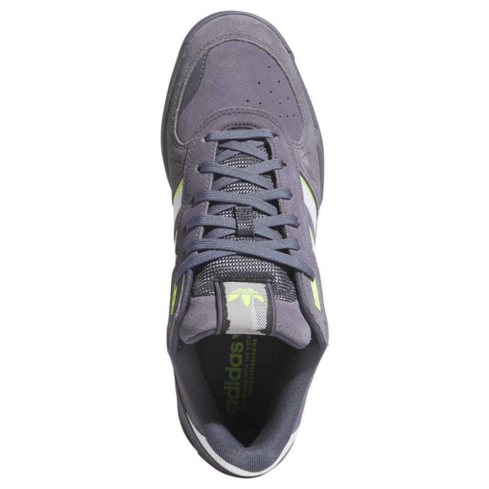 Top view of HQ4813 Gray White Green Tekkira Adidas Skateboarding suede shoes with mesh tongue, white and neon green accents, gray overlays, and adidas logo on the tongue.